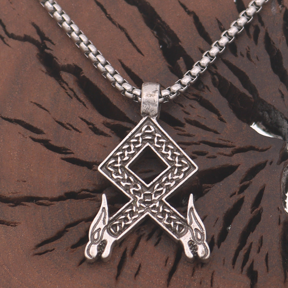 Nordic Wolf Head Rune Necklace with Titanium Steel Box Chain for Men