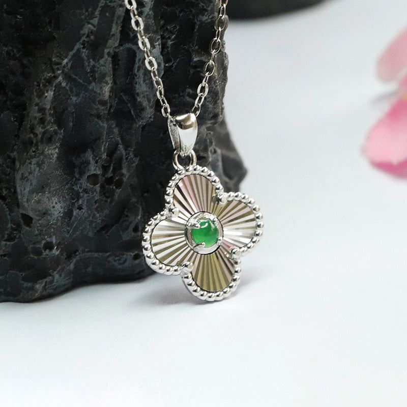 Sterling Silver Four-leaf Clover Ice Jade Pendant Necklace