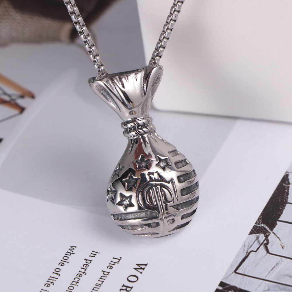 Trendy Unisex Titanium Steel Money Bag Pendant Necklace - Fashionable Wholesale Accessory for Men and Women