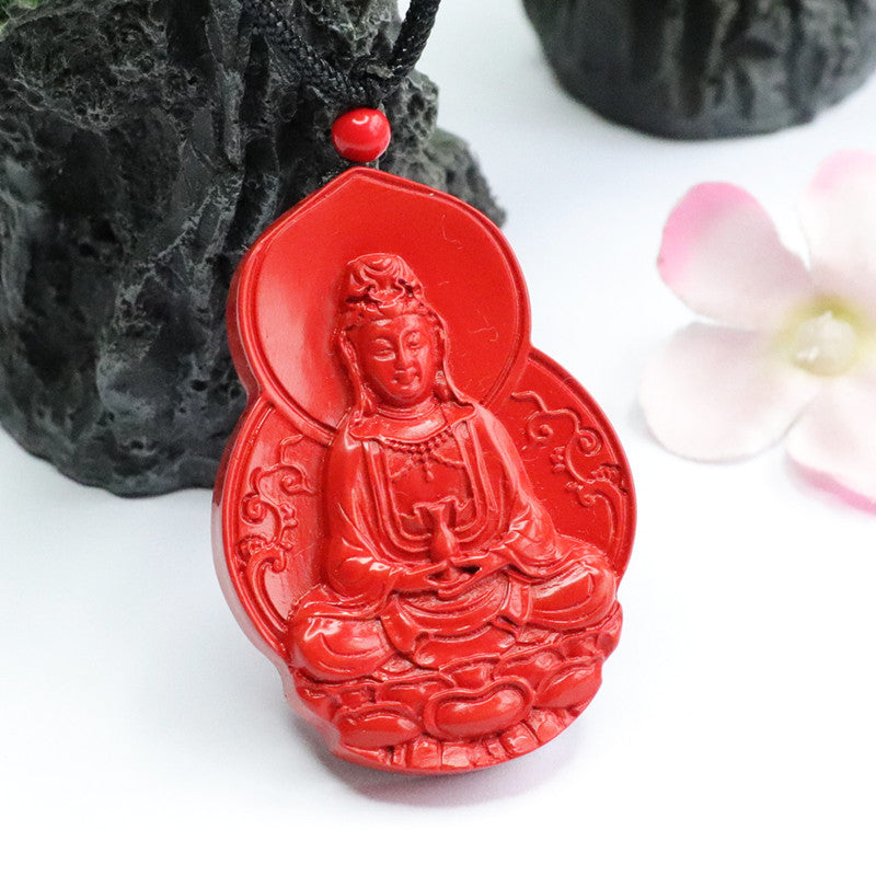 Red Cinnabar Guanyin Sterling Silver Pendant