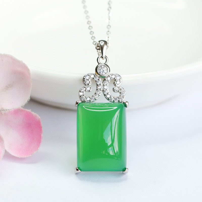 Silver Butterfly Necklace with Green Chalcedony Gem