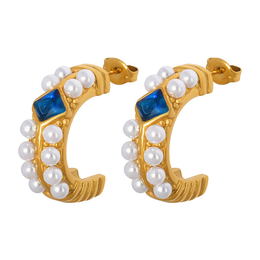 Elegant Blue Zircon Pearl C-Shaped Earrings with Titanium Steel Gold Plating