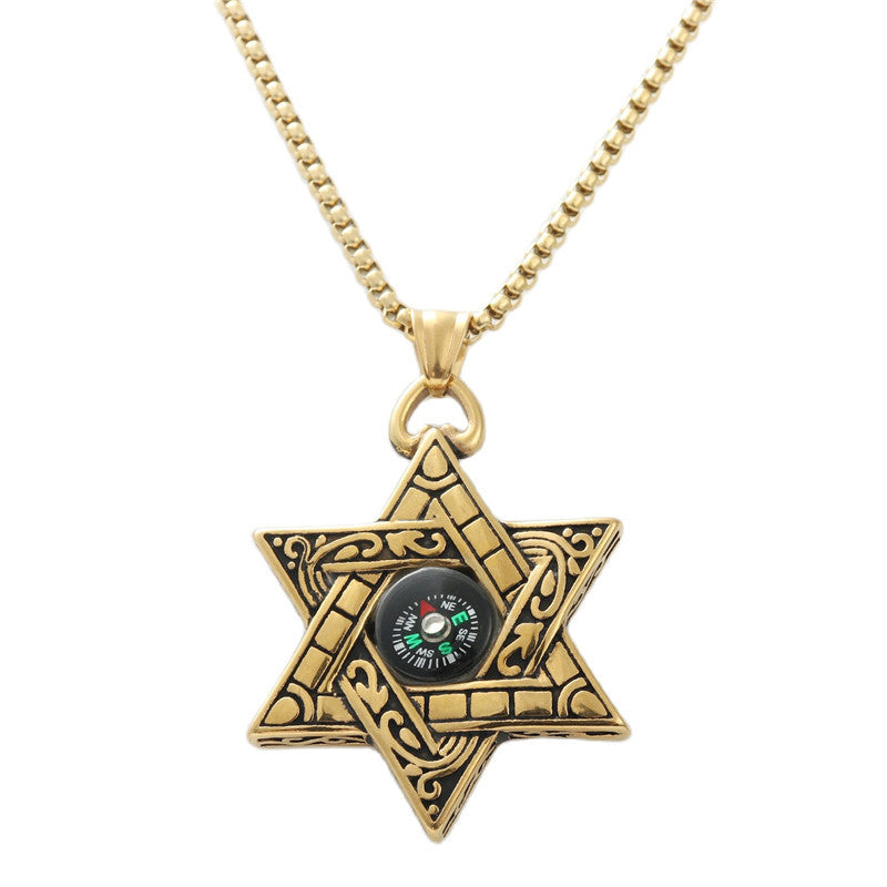 Trendy Men's Titanium Steel Hexagram Compass Pendant Necklace