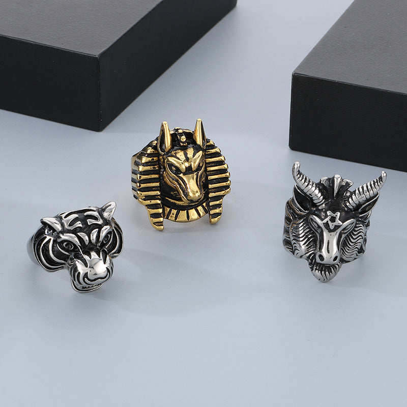 Zodiac Power Men's Ring: Retro Stainless Steel Animal Head Design Featuring Tiger, Wolf, and Sheep