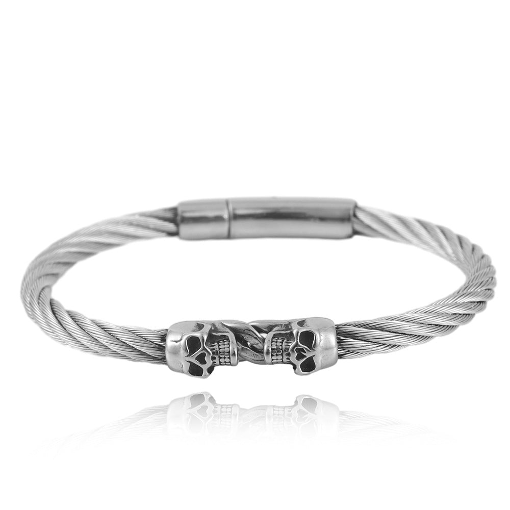 Titanium Steel Double Skull Bracelet for Men - Trendy Fashion Statement from Europe and the USA