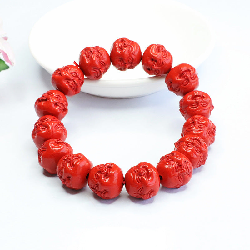 Vermilion Buddha Head Bracelet with Four-Sided Buddha Red Sand and Cinnabar Stone