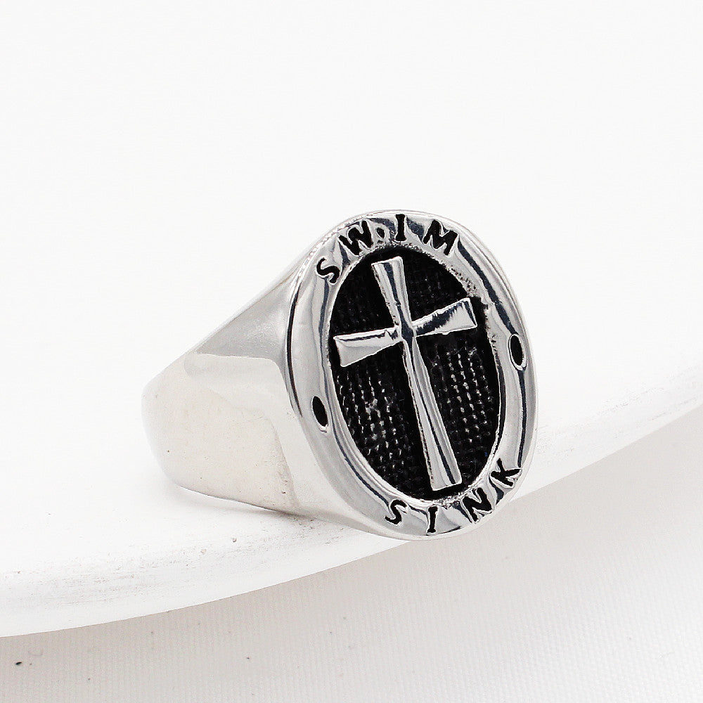 Latin Cross Oval Polished Titanium Steel Ring for Men