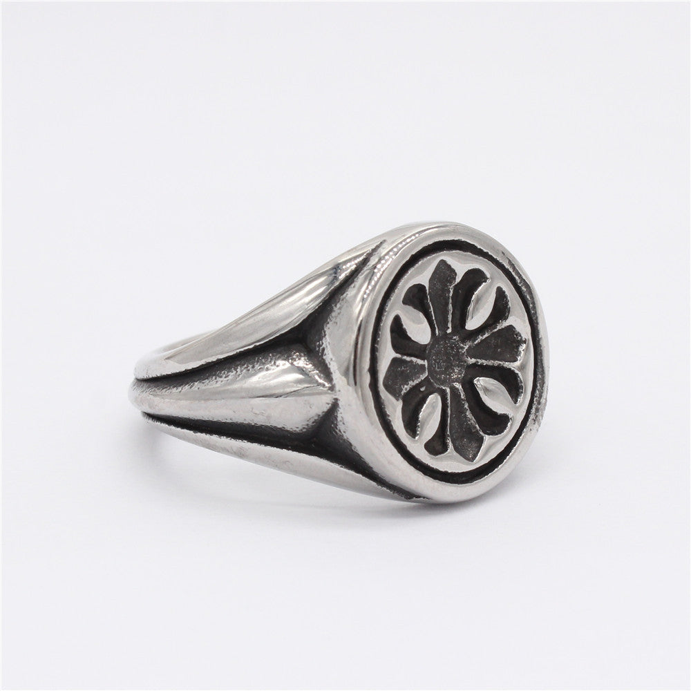 Cross Flower Round Titanium Steel Ring for Men