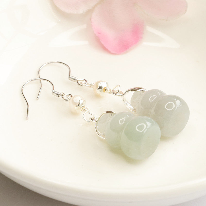 Elegant Sterling Silver and Jade Gourd Earrings