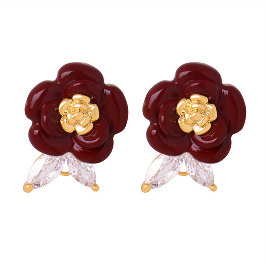 Copper and Zircon Enamel Rose Earrings for Women