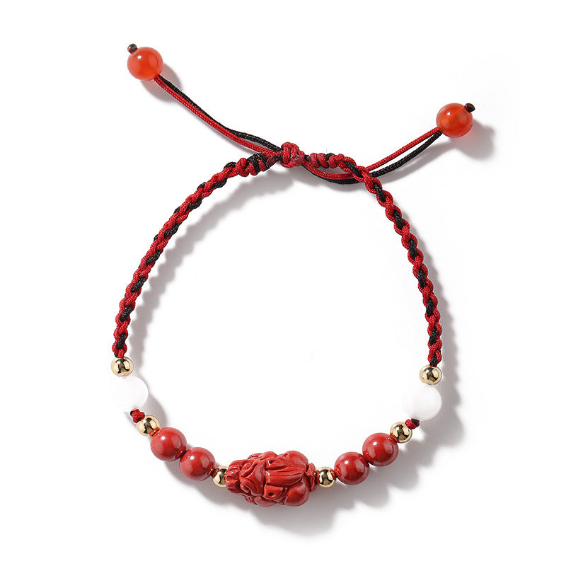 Cinnabar Braided Rope Bracelet with Sterling Silver and Bai Yueguang Charm