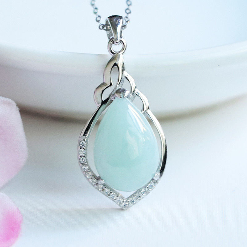 Sterling Silver Water Drop Jade Necklace with Zircon Accents