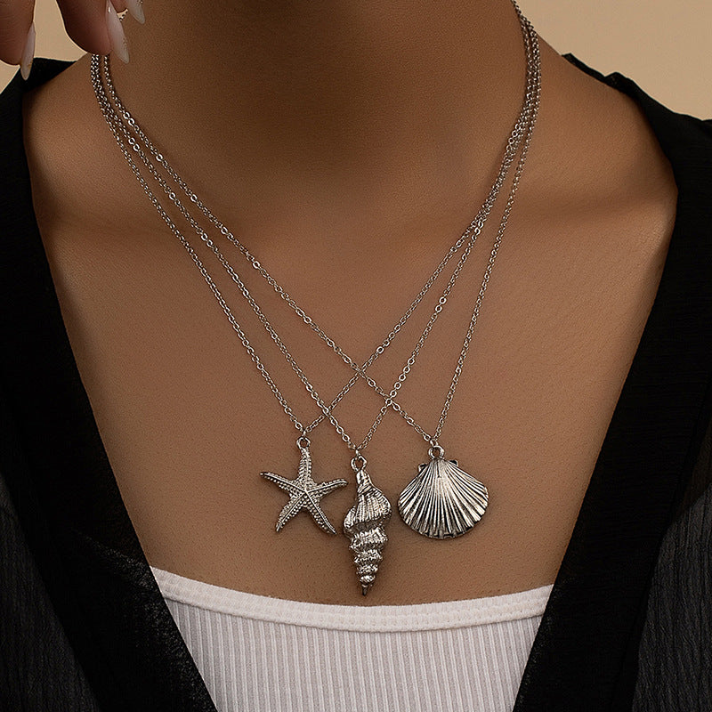 Alloy Starfish and Conch Shell Pendant Necklace - Vienna Verve Collection