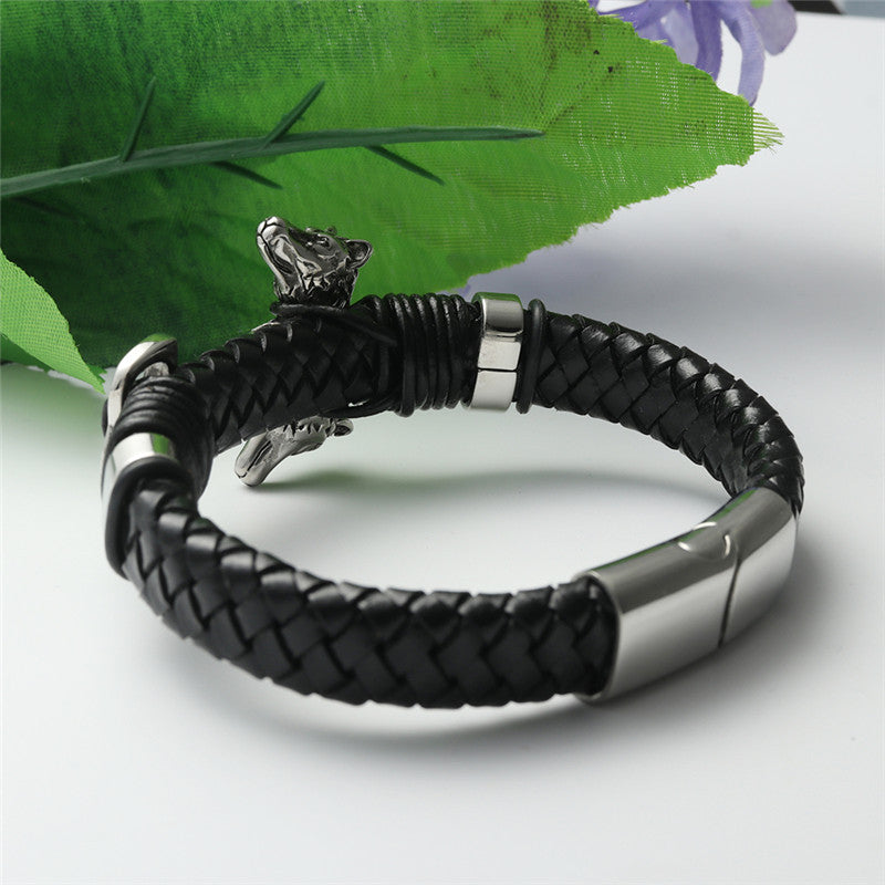 Men's Punk Leather Bracelet with Titanium Steel Wolf Design - Woven Animal Motif