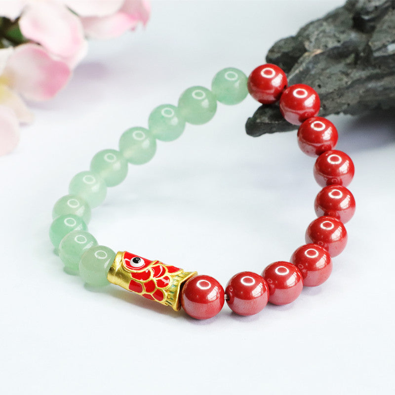 Emperor Cinnabar and Green Aventurine Jade Bracelet with Koi Fish Symbol