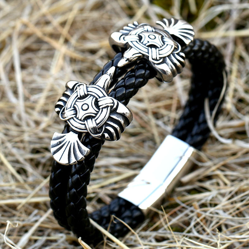 Viking-Inspired Crow Motif Leather and Stainless Steel Men's Bracelet