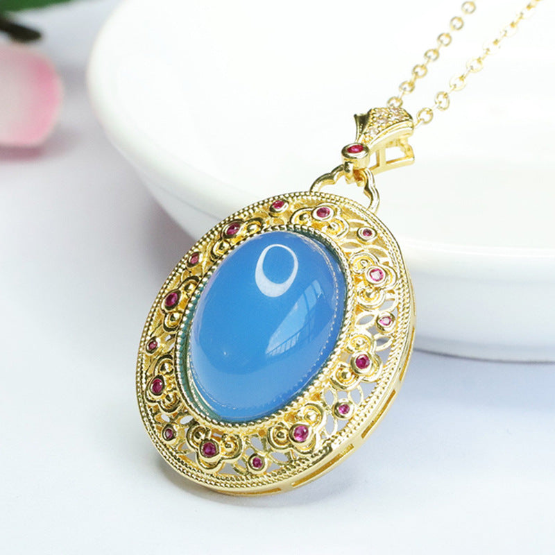 Oval Blue Chalcedony Hollow Vintage Zircon Pendant