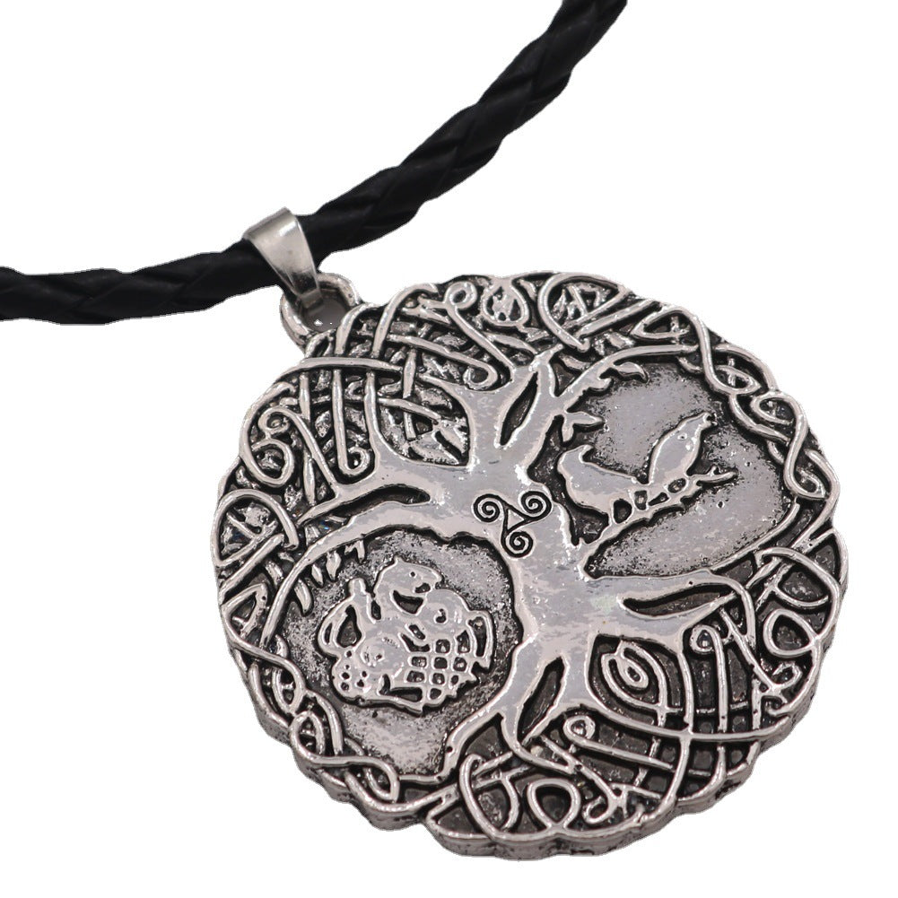 Cross Continental Viking Odin Talisman Necklace with Tree of Life Crow Design for Men, Fashionable Accessory in Europe and America