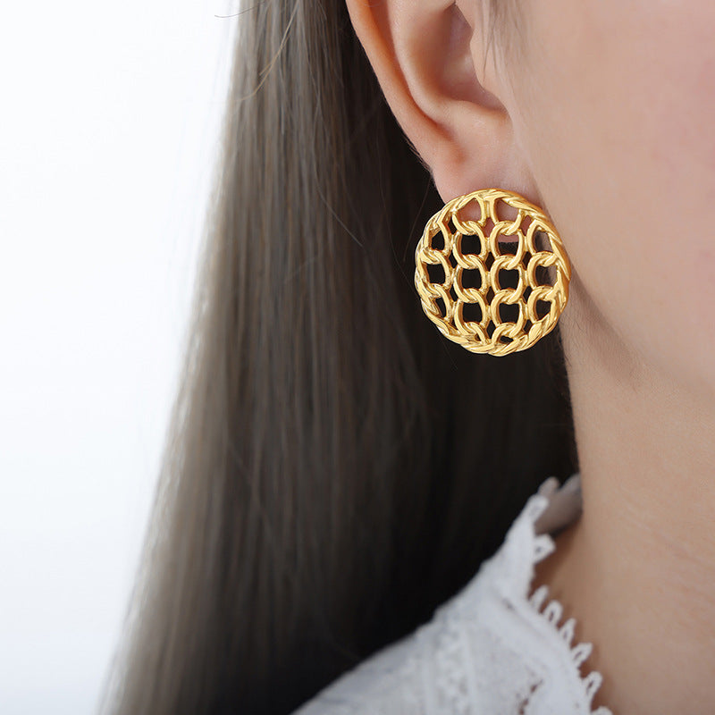 Exaggerated Personality Titanium Steel Earrings - Ancient Style Hollow Circular Knitting Design