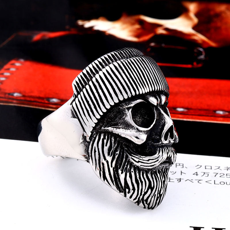 Vintage-Inspired Titanium Steel Skull Ring for Men with Bearded Design