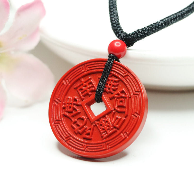 Fortune's Favor Cinnabar Stone Safety Buckle Pendant in Copper Coin Design