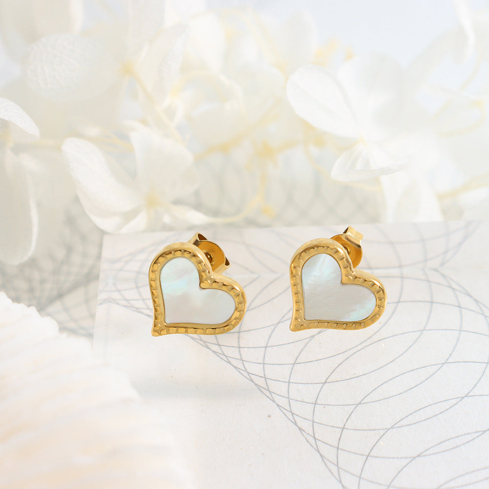 Vintage White Sea Shell Peach Heart Stud Earrings - 18K Gold Plated Women's Titanium Steel Jewelry