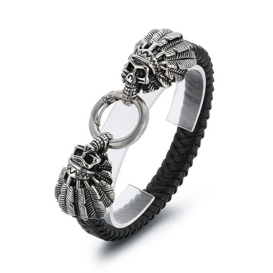 Viking-Inspired Woven Leather Bracelet with Skull Lion and Wolf Head Design for Men