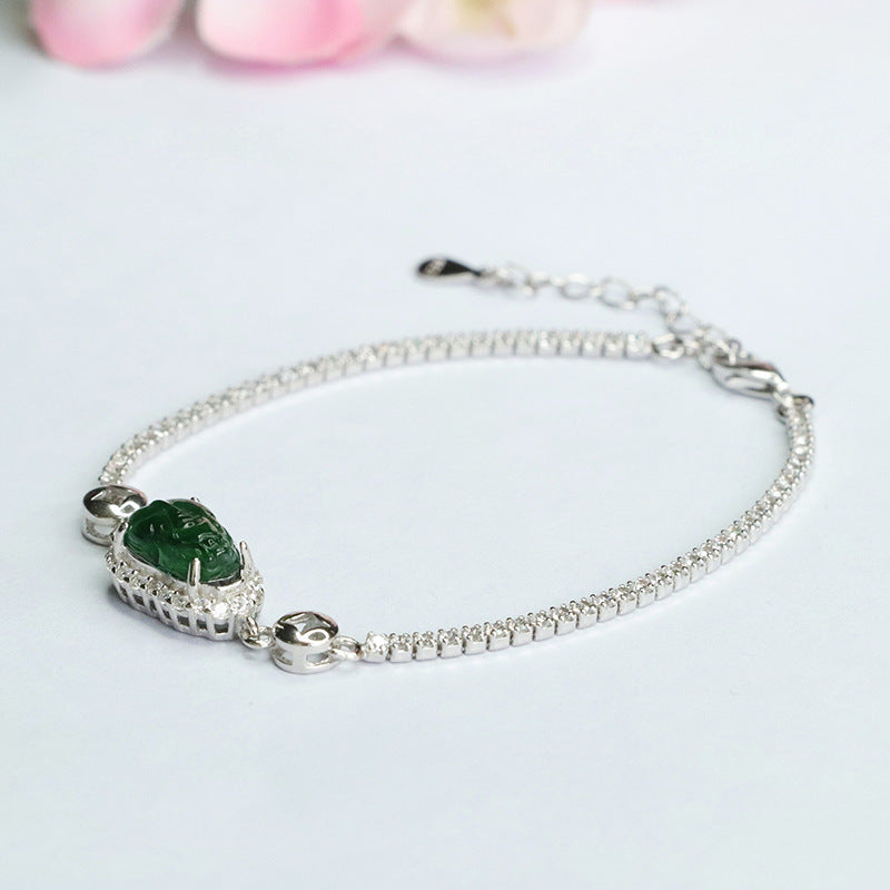 Sterling Silver Pixiu Bracelet with Natural Jade Inlay