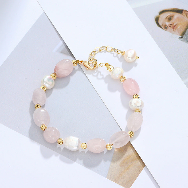 Summer Peach Blossom Crystal and Pearl Bracelet for Women