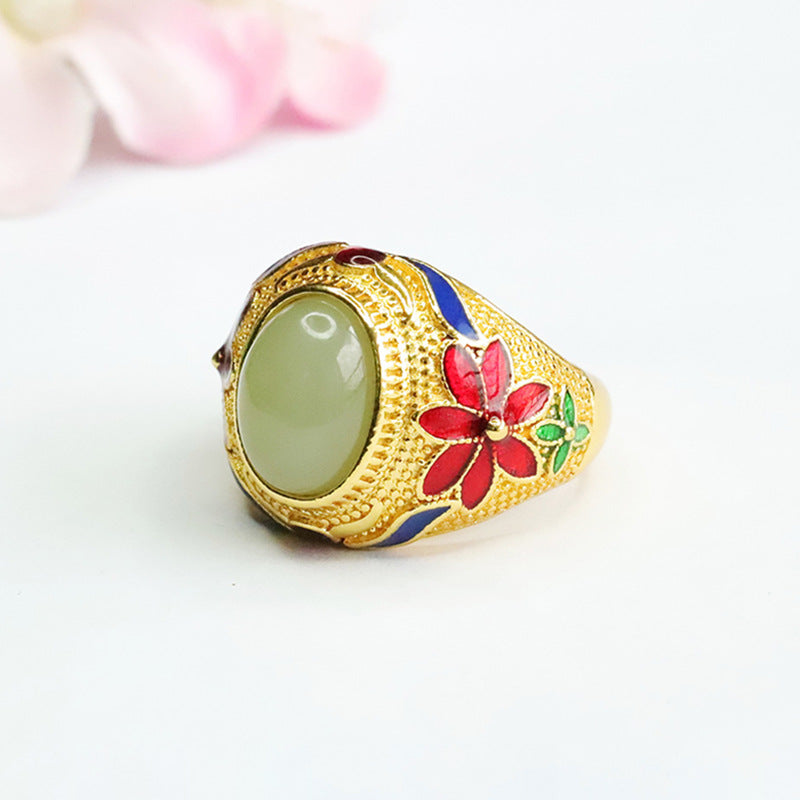 Vintage Floral Pattern Hetian Jade Ring