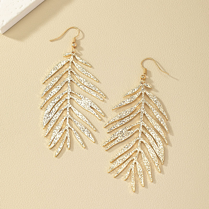 Exaggerated Feather Metal Earrings with Retro European Charm