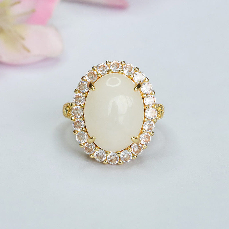 Jade Ring with White Jade and Zircon Gemstones