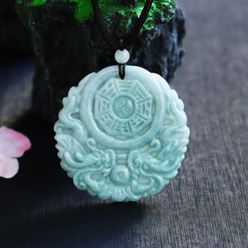 Jade Double Dragon Bagua Pendant Necklace with Fortune's Favor