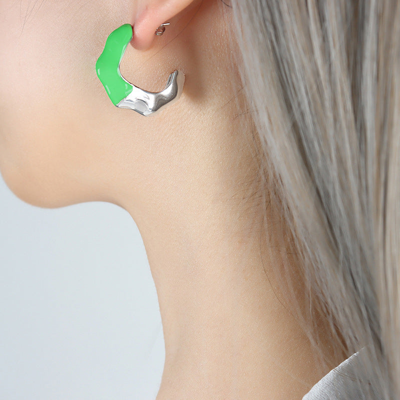 Green Retro C-Shaped Titanium Earrings