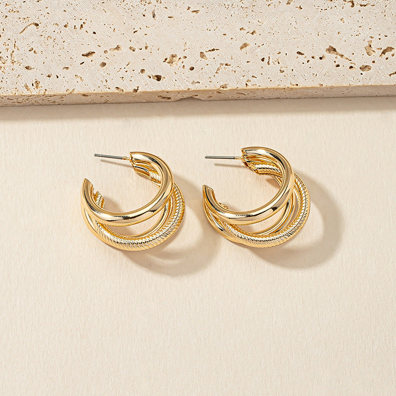 European Retro Style C-Shaped Earrings with Triple Circular Rings