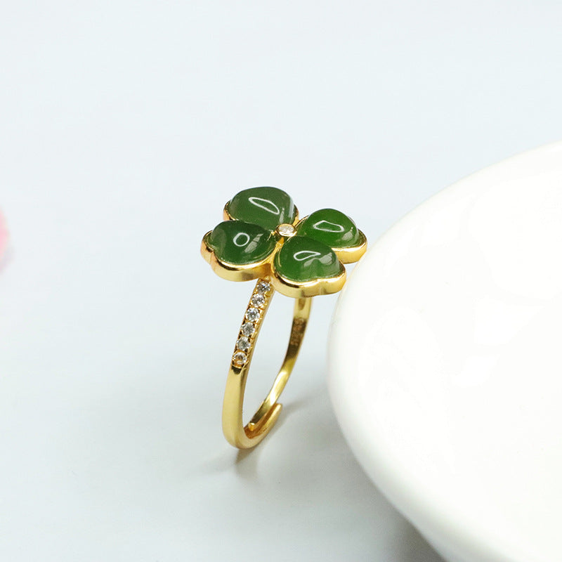 Four Leaf Clover S925 Silver Jade Ring with Zircon Accents