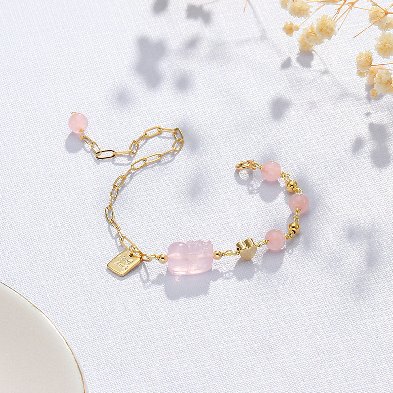 Korean Edition Pink Crystal Bracelet with Pixiu Love Symbol