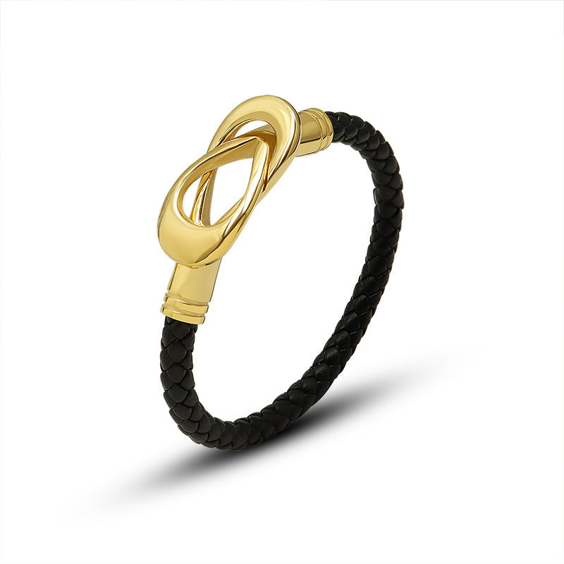 Minimalist Luxe Black Leather Bracelet with Woven Rope Design