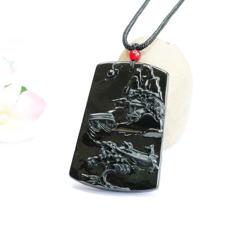 Green Jade Landscape Carved Rectangle Sterling Silver Pendant