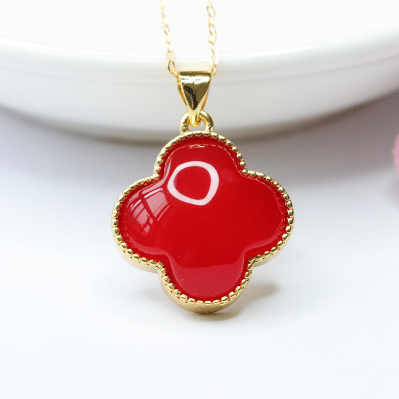 Lucky Clover Red Agate Pendant Necklace - Sterling Silver Jewelry