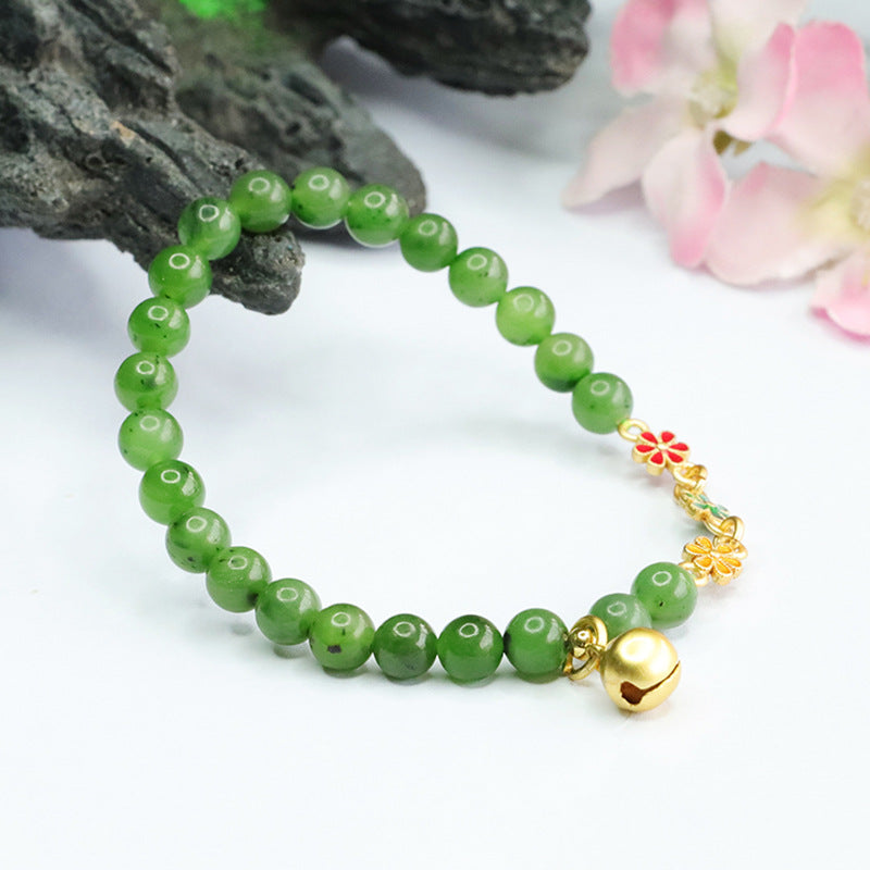 Small Flower Bell Bracelet with Natural Hotan Jade Jasper - Antique Sterling Silver Jewelry