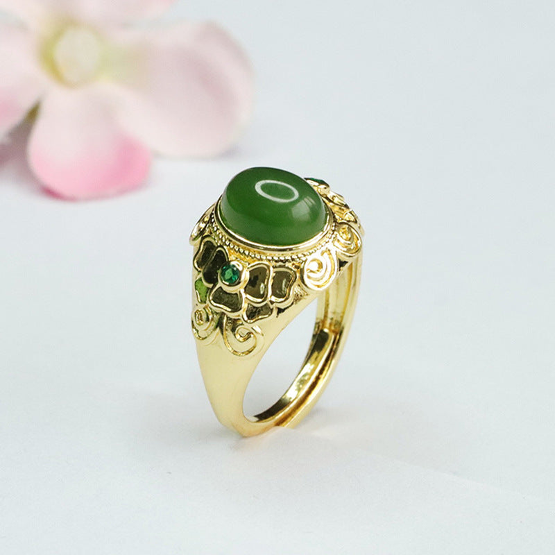 Elegant Green Jade Jasper Bow Pattern Ring with Sterling Silver Detail