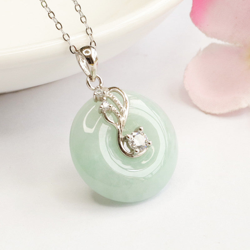 Sterling Silver Jadeite Ping An Necklace with Fortune's Favor Charm