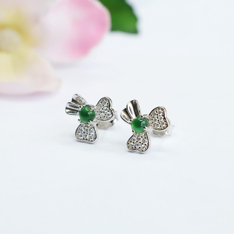 Elegant Sterling Silver Green Jade Floral Stud Earrings