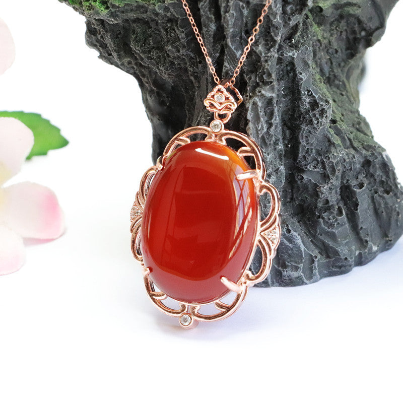 Pigeon Egg Natural Red Agate Pendant Hollow Lace Edge Rose Gold Necklace Jewelry