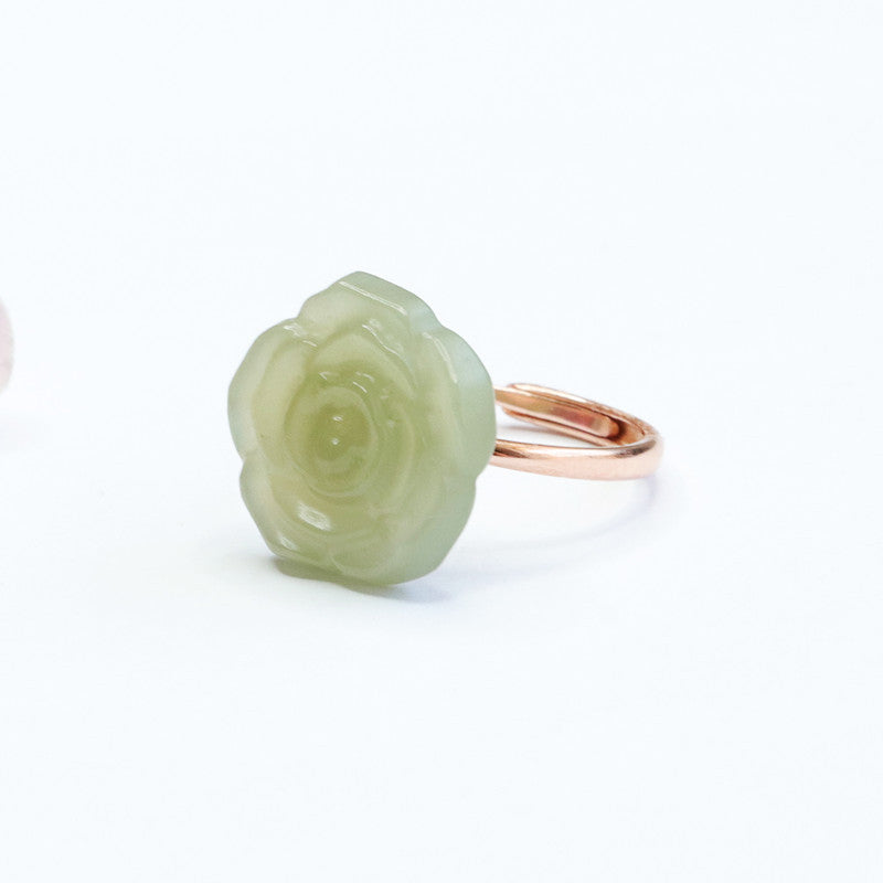 Sterling Silver Hetian Jade Rose Ring in Adjustable Design