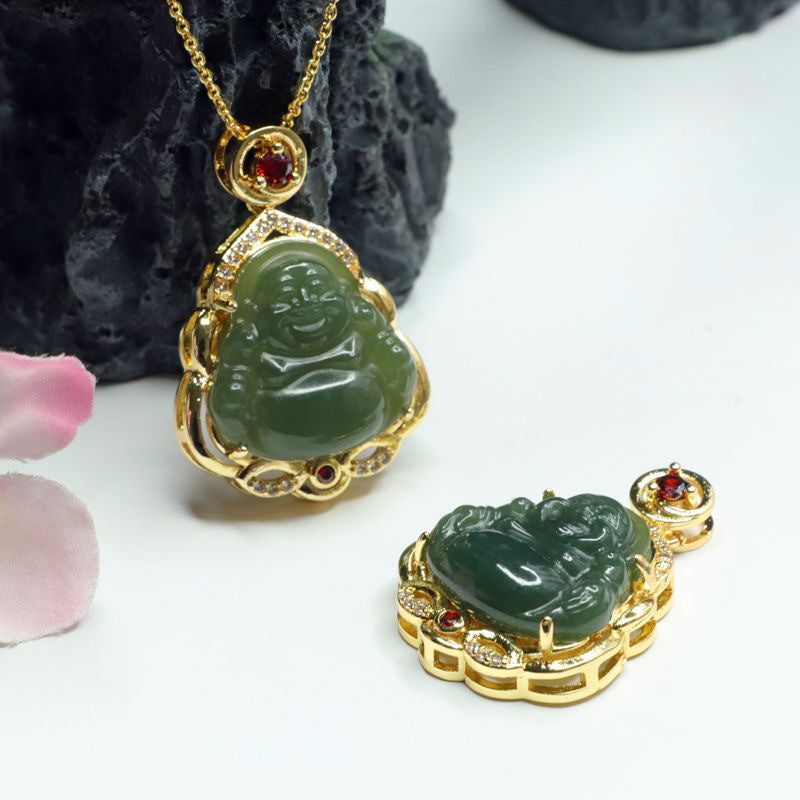 Fortune's Favor Sterling Silver Hotan Jade Maitreya Buddha Necklace