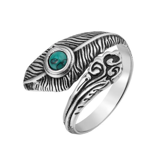 European and American Retro Feather Turquoise Men's Titanium Steel Ring