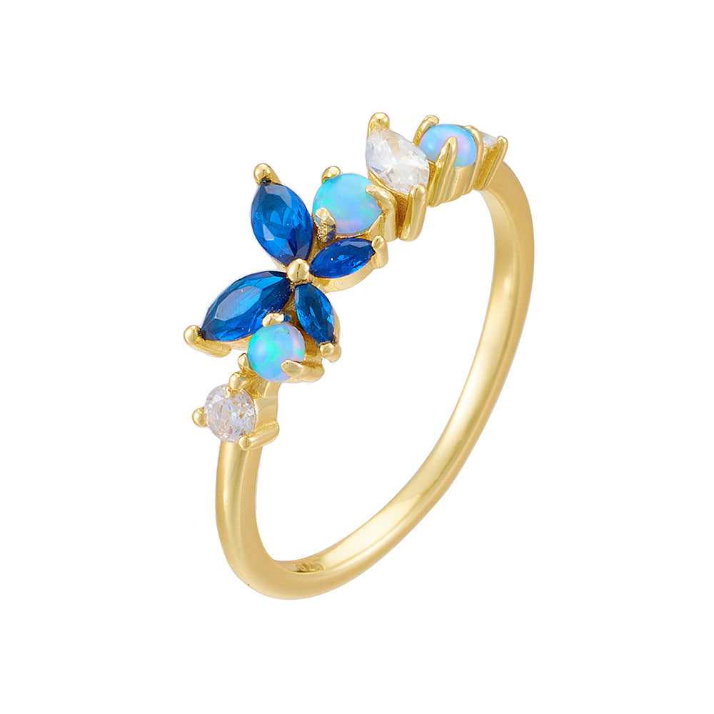 Opal and Zircon Butterfly Slim Sterling Silver Ring