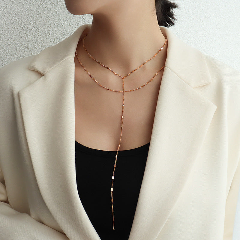 Enchanting Double-Layered Tassel Necklace with Titanium Steel and 18k Gold Accents